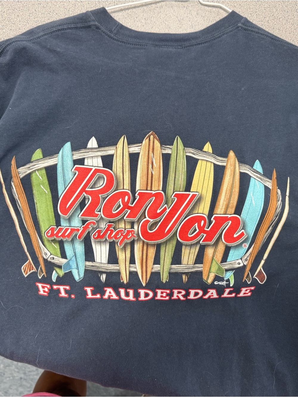 Ron Jon Navy Tee with Red Logo and Multicolor Surfboards XL